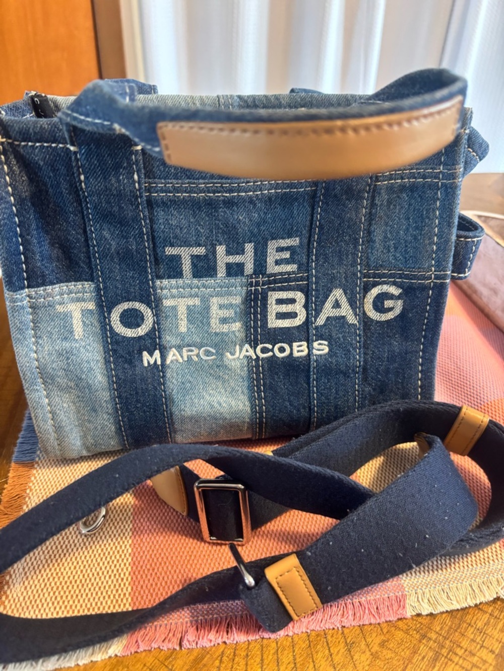 Marc Jacobs Denim Patchwork Tote with Tan Leather Trim
